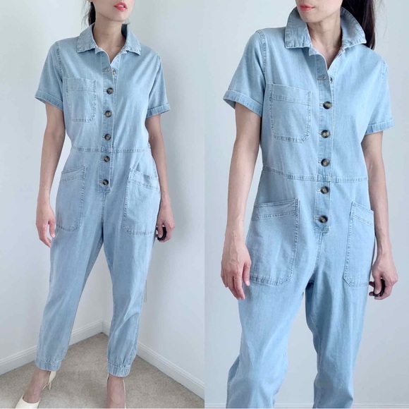DENIM COLLAR BUTTON DOWN JUMPSUIT - WITH POCKETS AND BUTTON DOWN - Picture 5 of 9